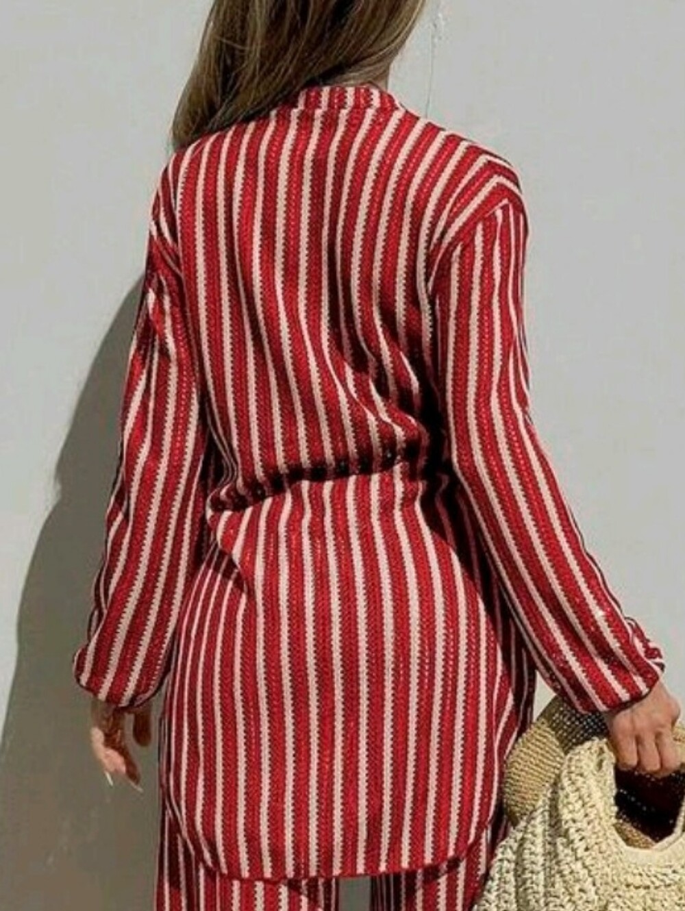 Red and White Striped Lightweight Buttonless Cardigan Shirt Oversized Sz L-xl - Picture 3 of 4